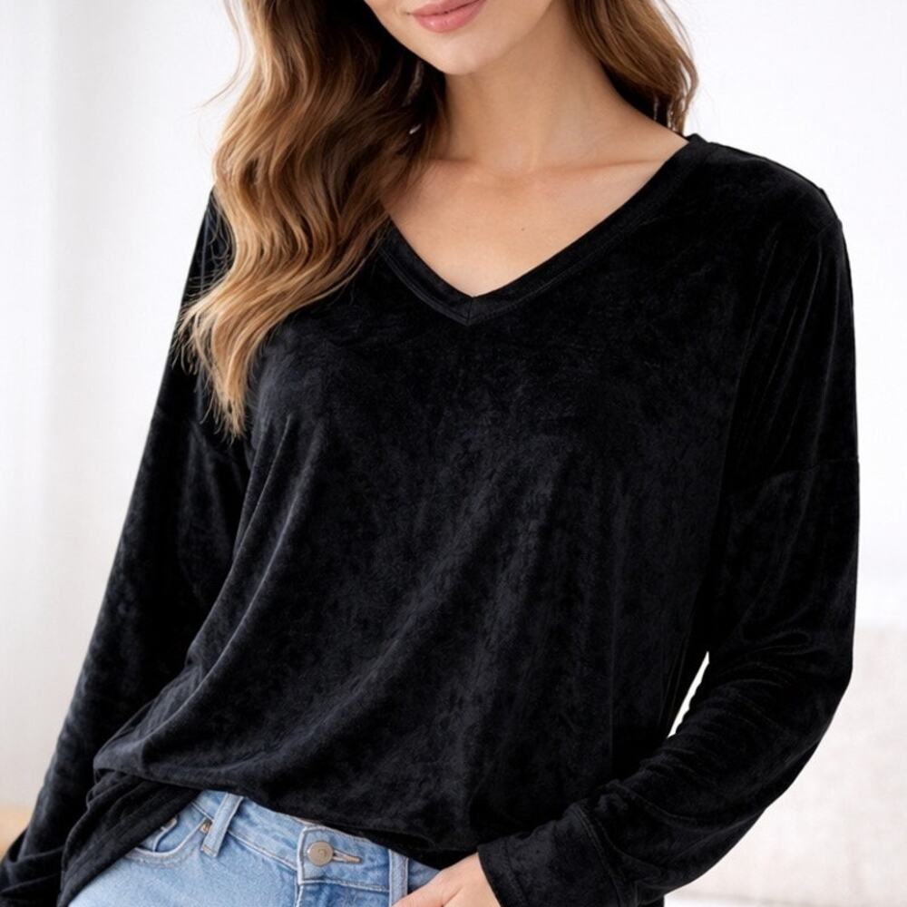 Hard Tail Forever Top Medium Black Velour High Low Pullover Cozy Soft